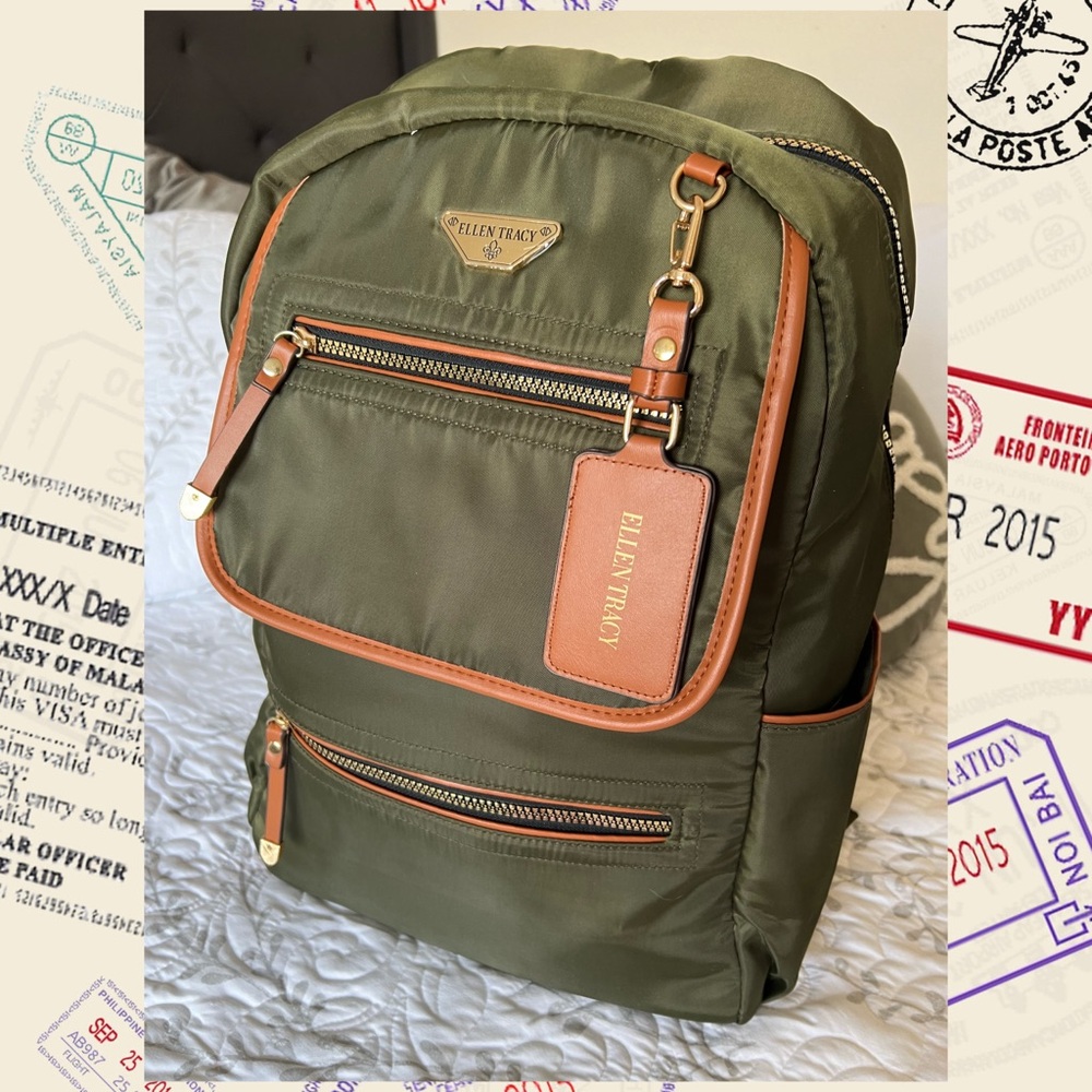 Ellen Tracy Twill Nylon w/ Leather Trim Backpack